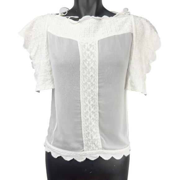 ISABEL MARANT Etoile Sheer Ruffles Sleeves Boho White Embroided Blouse Top sz M - Picture 1 of 7